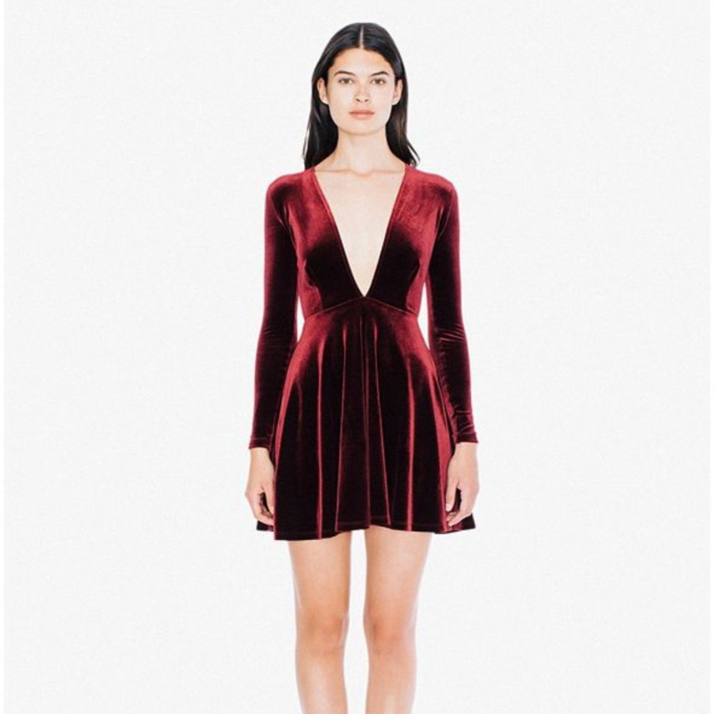 AMERICAN APPAREL VELVET DEEP V SKATER DRESS